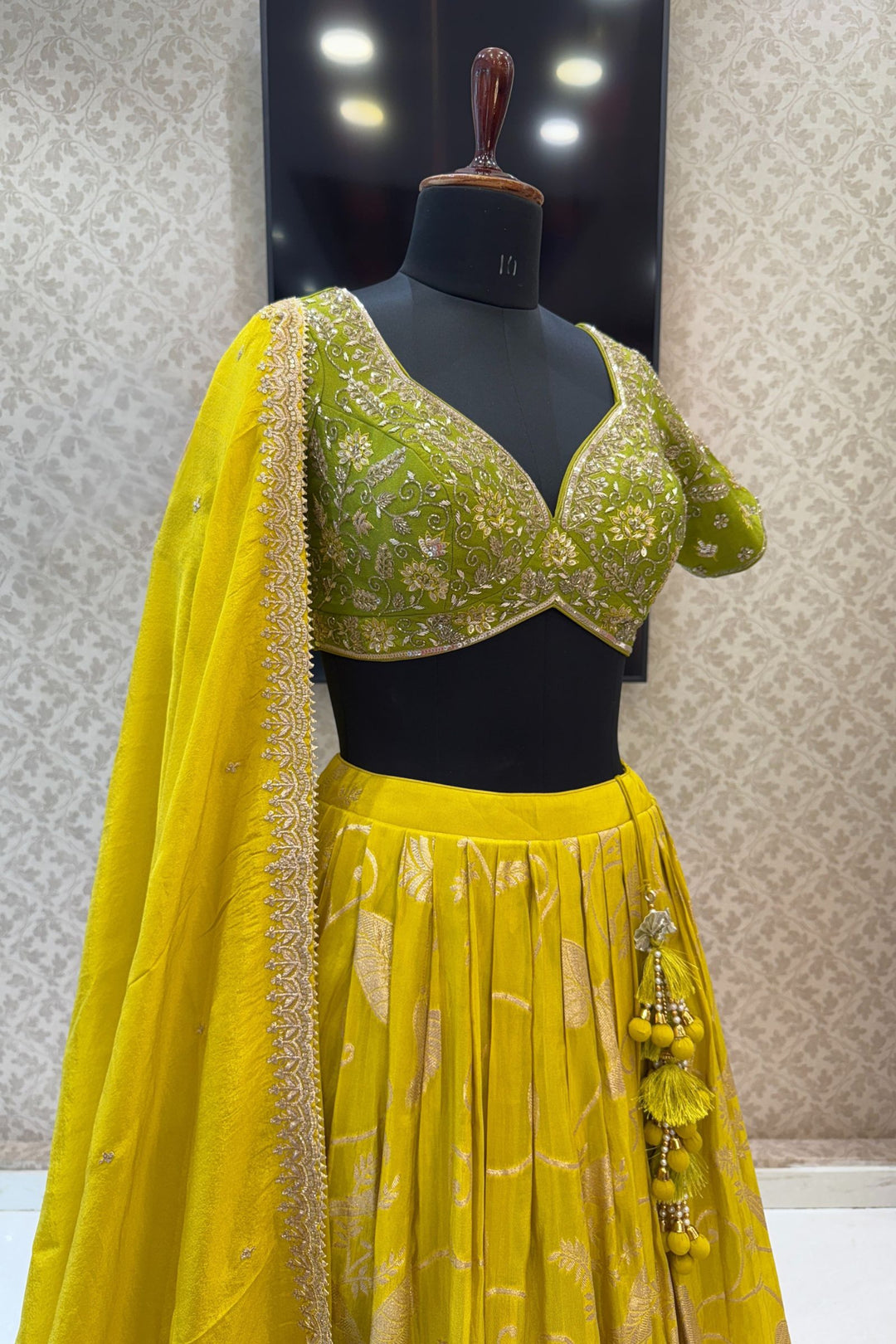 Parrot Green with Liril Green Beads, Sequins, Zardozi and Banaras work Crop Top Lehenga