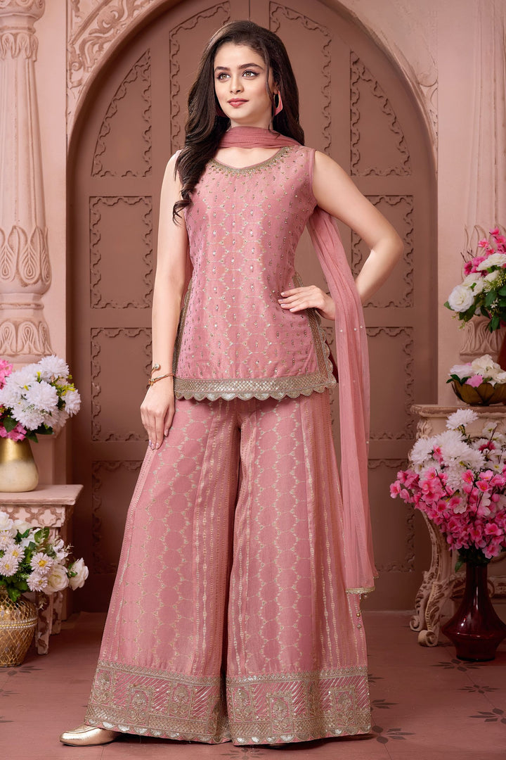 Peach Sequins, Zari, Zardozi and Beads work Palazzo Suit Set for Girls