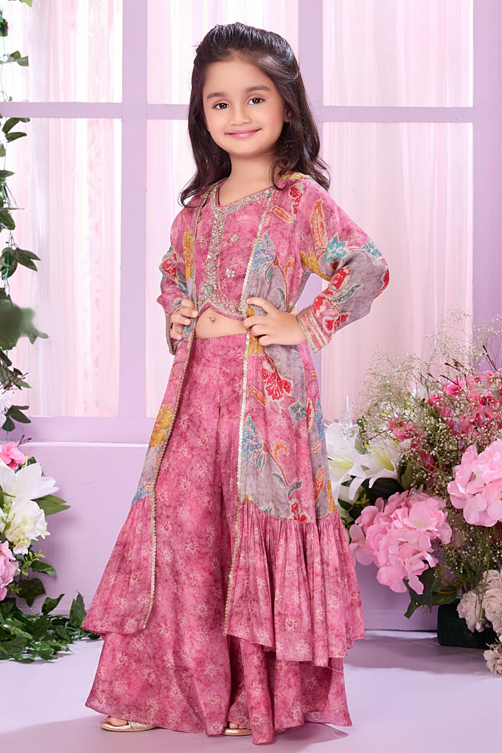 Pink Sequins work with Multicolor Digital Print Overcoat Styled Palazzo Set For Girls