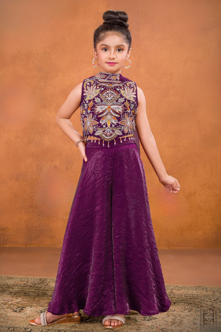 Wine Pearl, Sequins, Beads and Multicolor Embroidery work Palazzo Suit Set for Girls