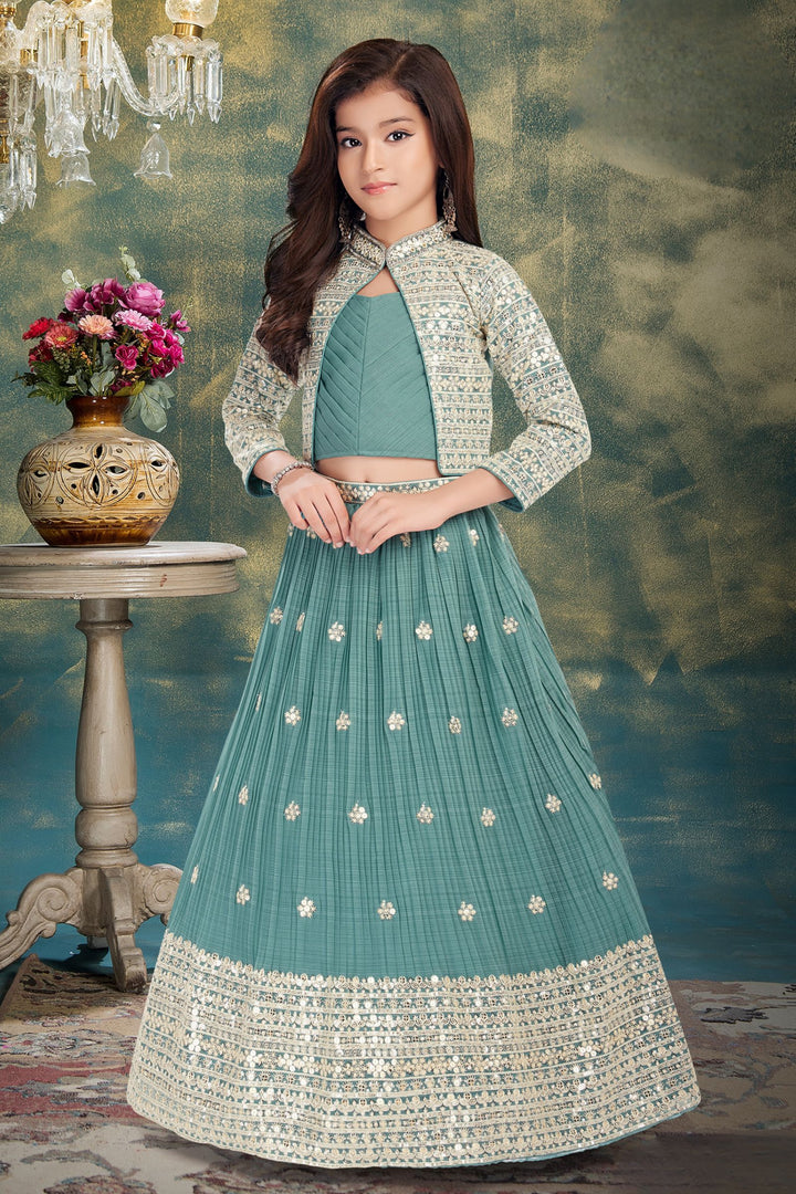 Sea Green Embroidery, Sequins, Mirror and Zari work Jacket Styled Lehenga Choli for Girls