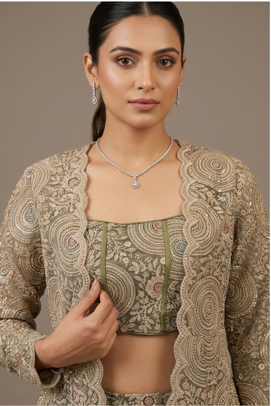 Olive Green Drape Style Lehenga with Sequins, Stone and Zari work Long Overcoat