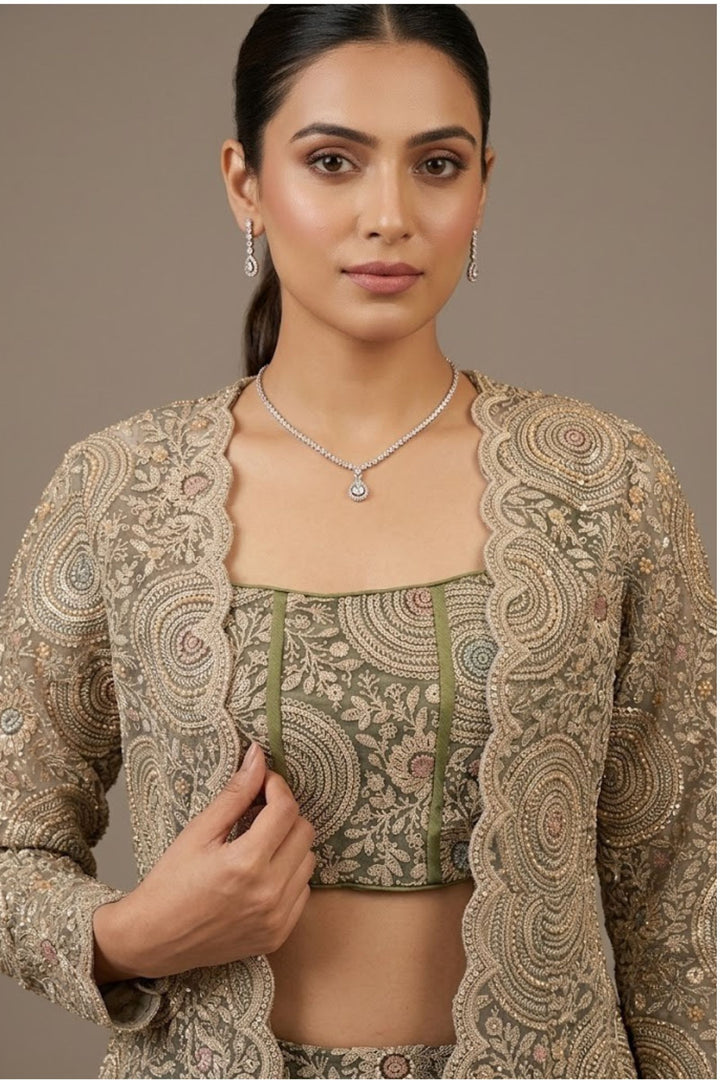 Olive Green Drape Style Lehenga with Sequins, Stone and Zari work Long Overcoat
