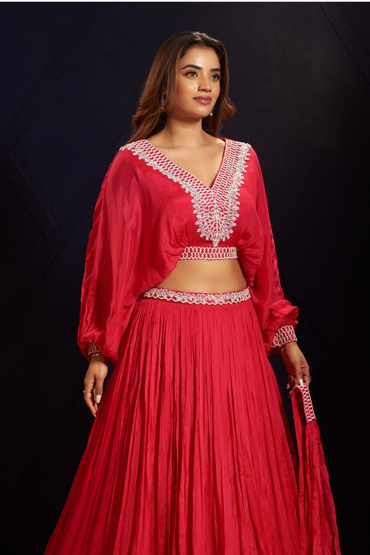 Rani Pink Beads and Stone work Crop Top Lehenga