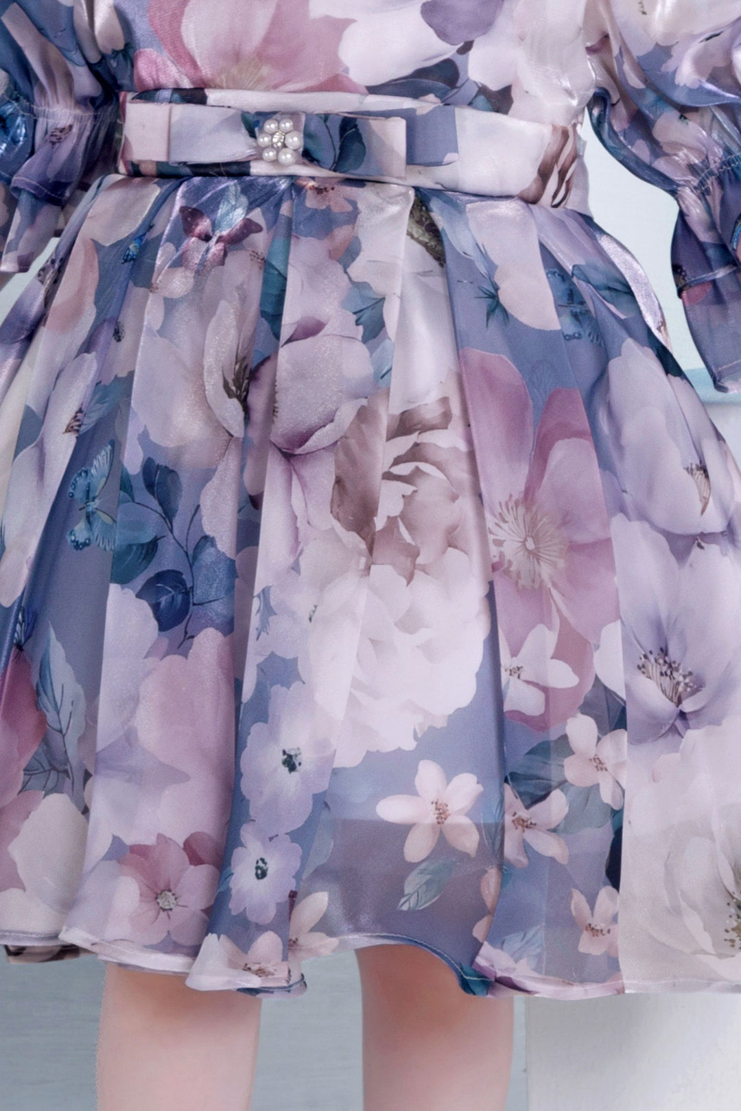 Light Blue with Floral Print Short Frock For Girls