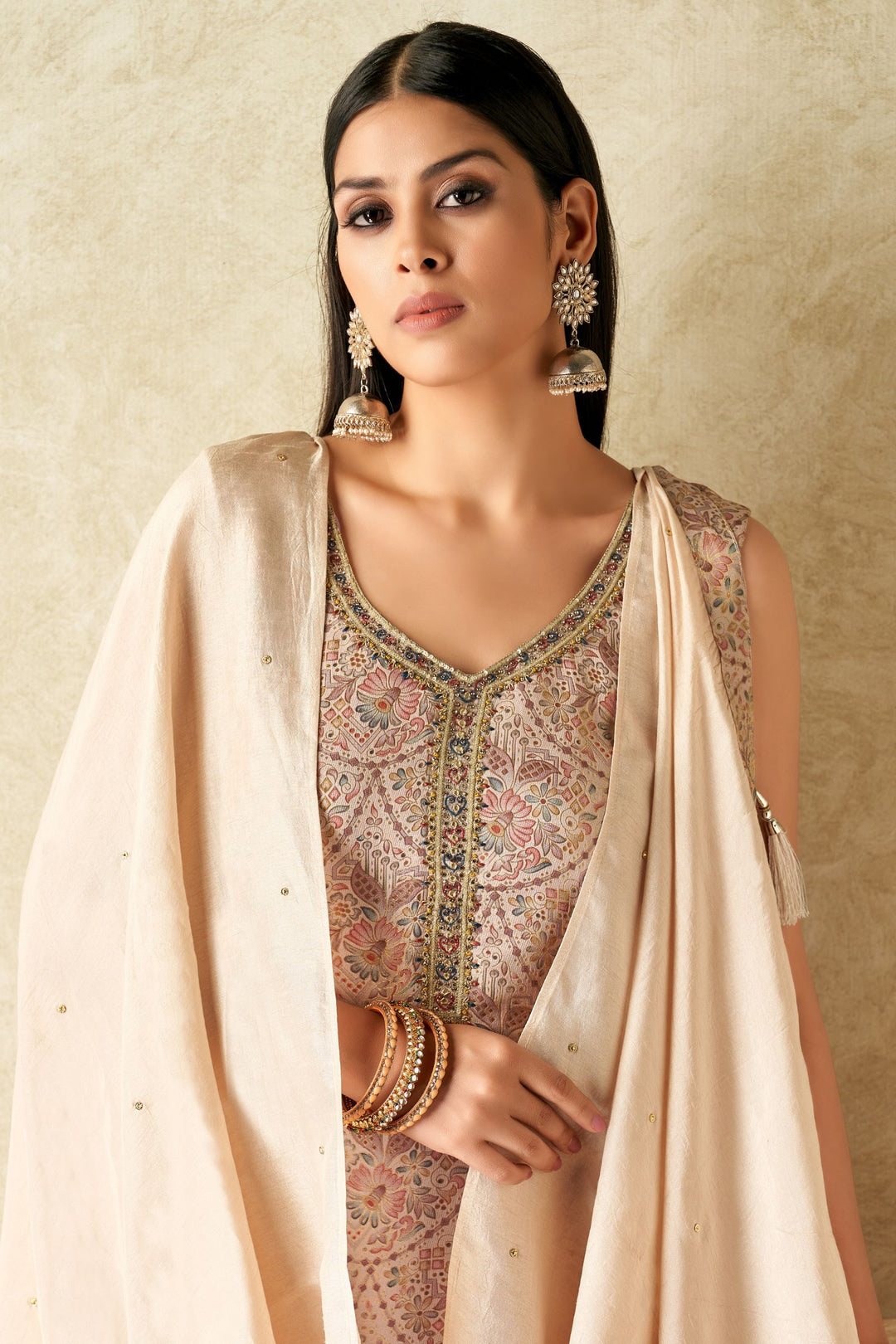Beige Brocade, Mirror, Zardozi and Sequins work with Digital Print Straight Cut Salwar Suit