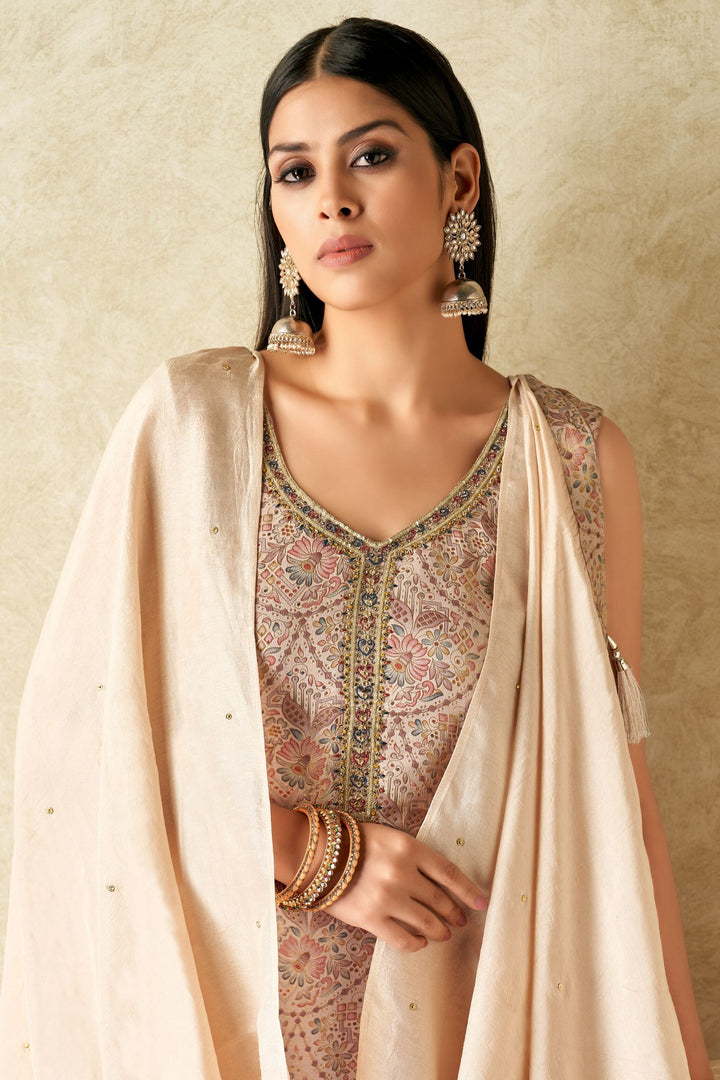 Beige Brocade, Mirror, Zardozi and Sequins work with Digital Print Straight Cut Salwar Suit