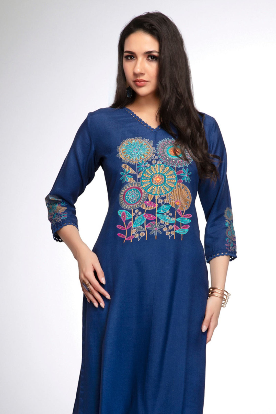 Royal Blue Embroidery and Stone work Calf Length Kurti