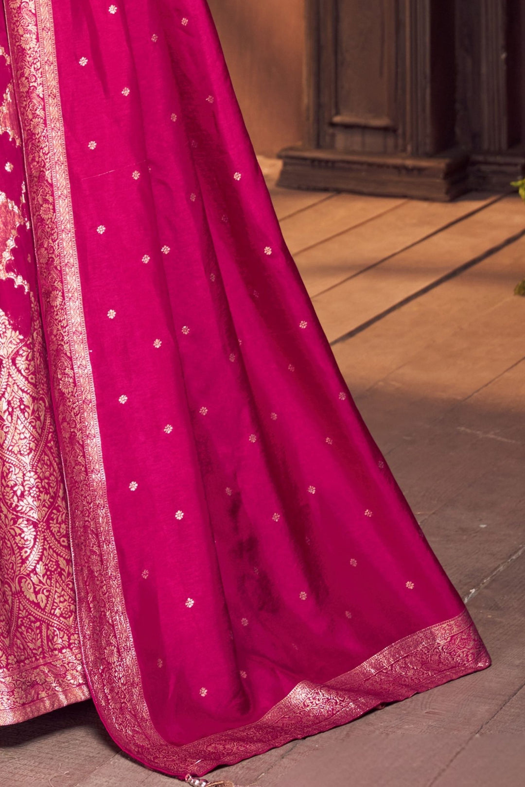 Rani Pink Banaras, Mirror, Beads and Zardozi work Crop Top Lehenga