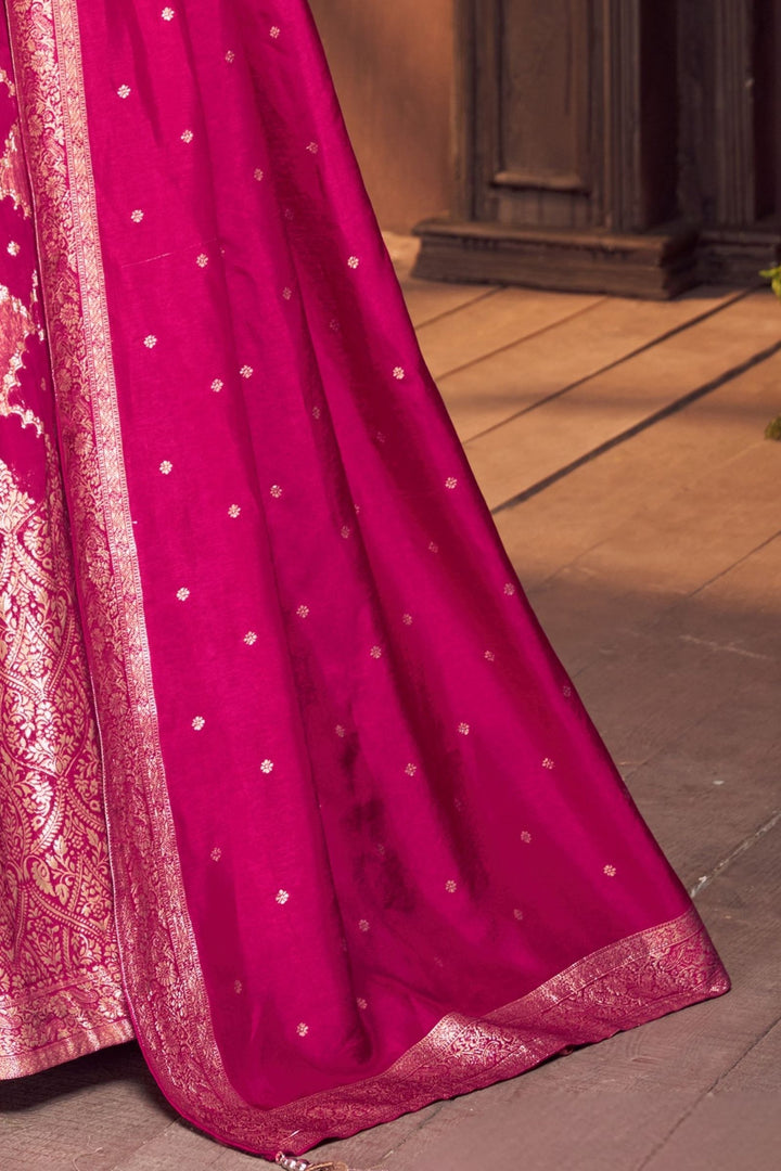 Rani Pink Banaras, Mirror, Beads and Zardozi work Crop Top Lehenga