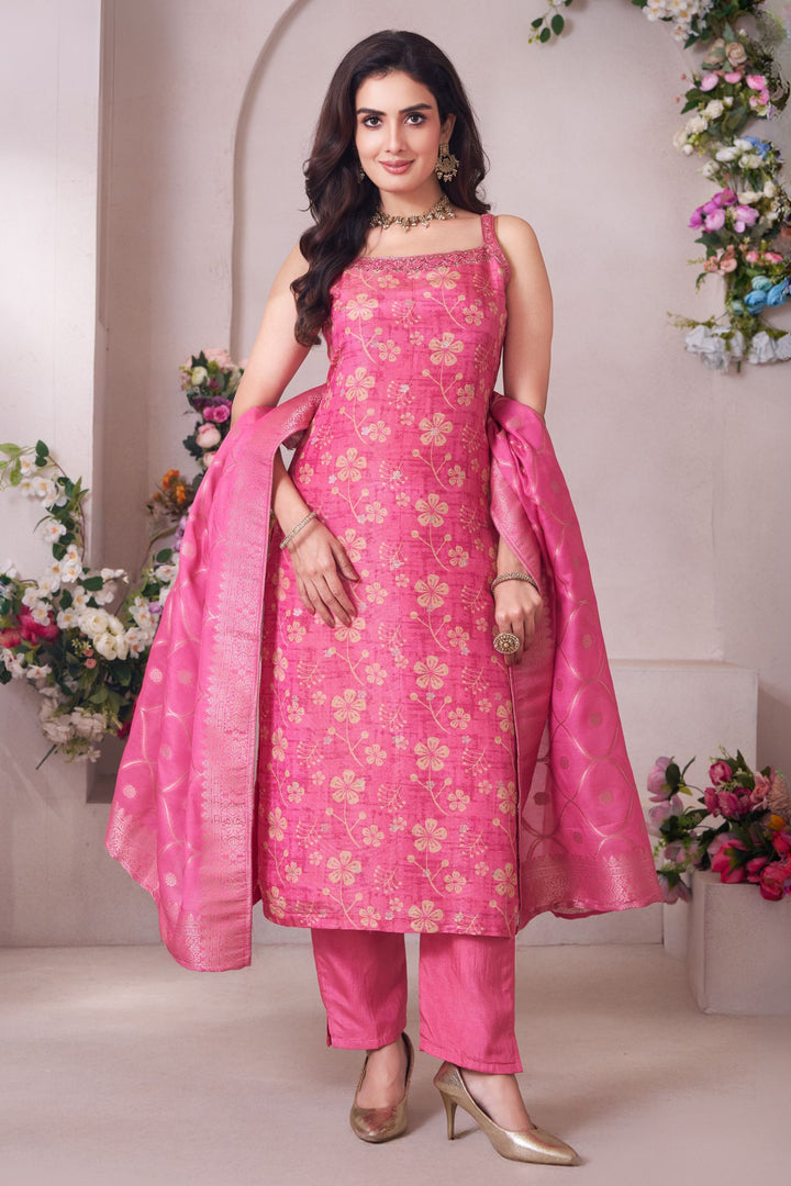Pink Zardozi, Stone, Mirror, Zari and Beads work with Floral Print Straight Cut Salwar Suit