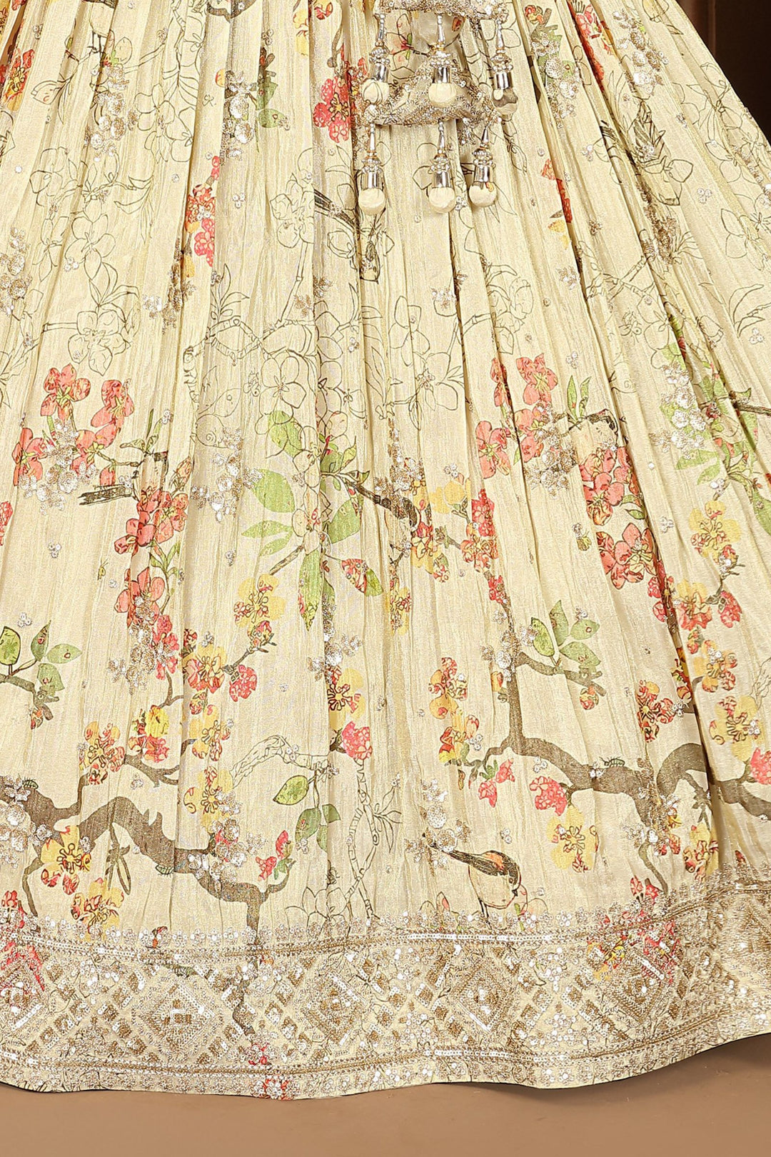 Pale Green Mirror, Sequins, Beads and Zardozi work with Floral Print Crop Top Lehenga