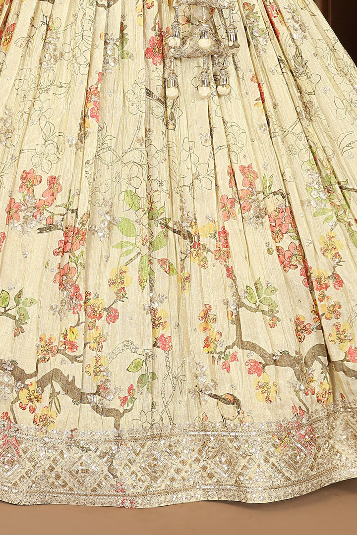 Pale Green Mirror, Sequins, Beads and Zardozi work with Floral Print Crop Top Lehenga