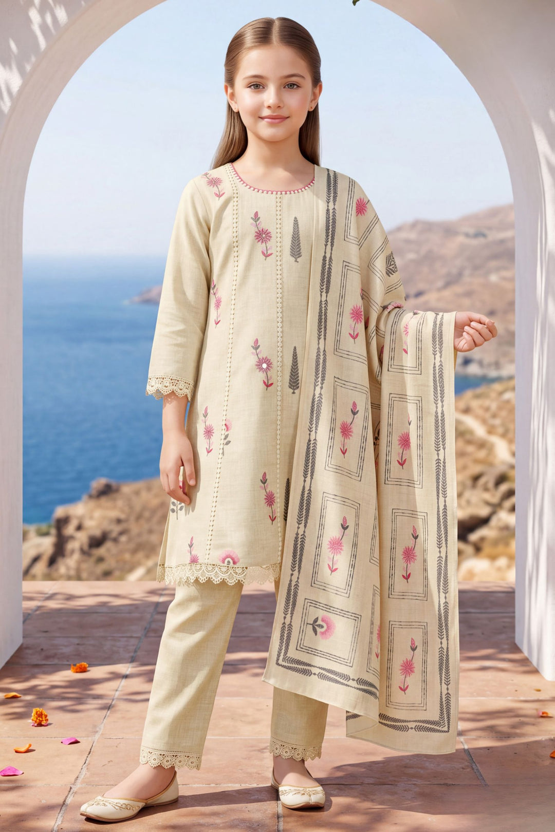 Cream Embroidery and Sequins work Salwar Suit for Girls
