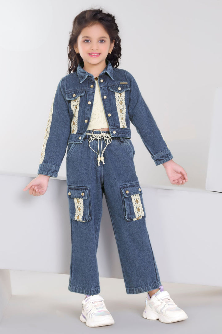 Blue with Cream Thread and Sequins work Jacket Styled Top and Pant Set for Girls