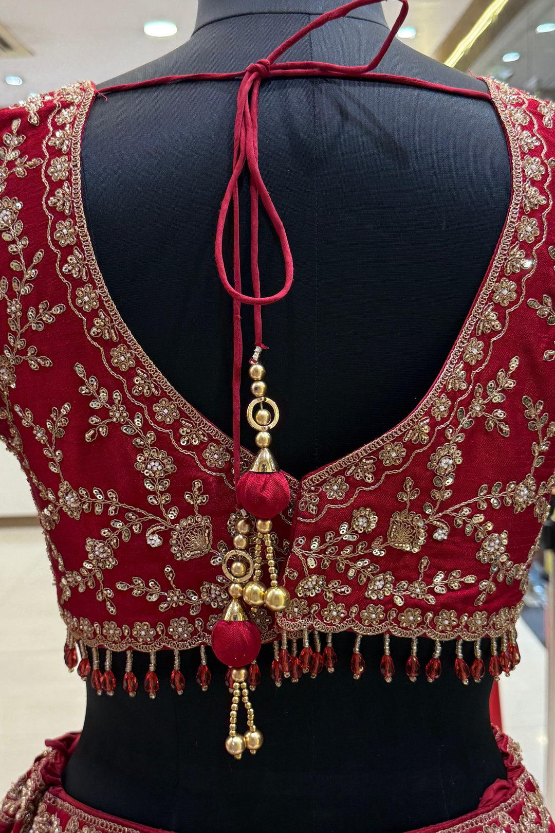 Maroon Beads, Zari, Zardozi and Sequins work Crop Top Designer Bridal Lehenga with Belt