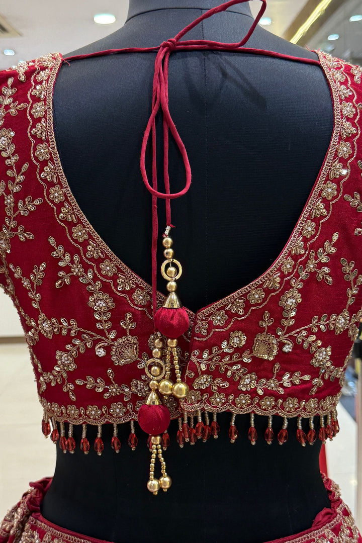 Maroon Beads, Zari, Zardozi and Sequins work Crop Top Designer Bridal Lehenga with Belt