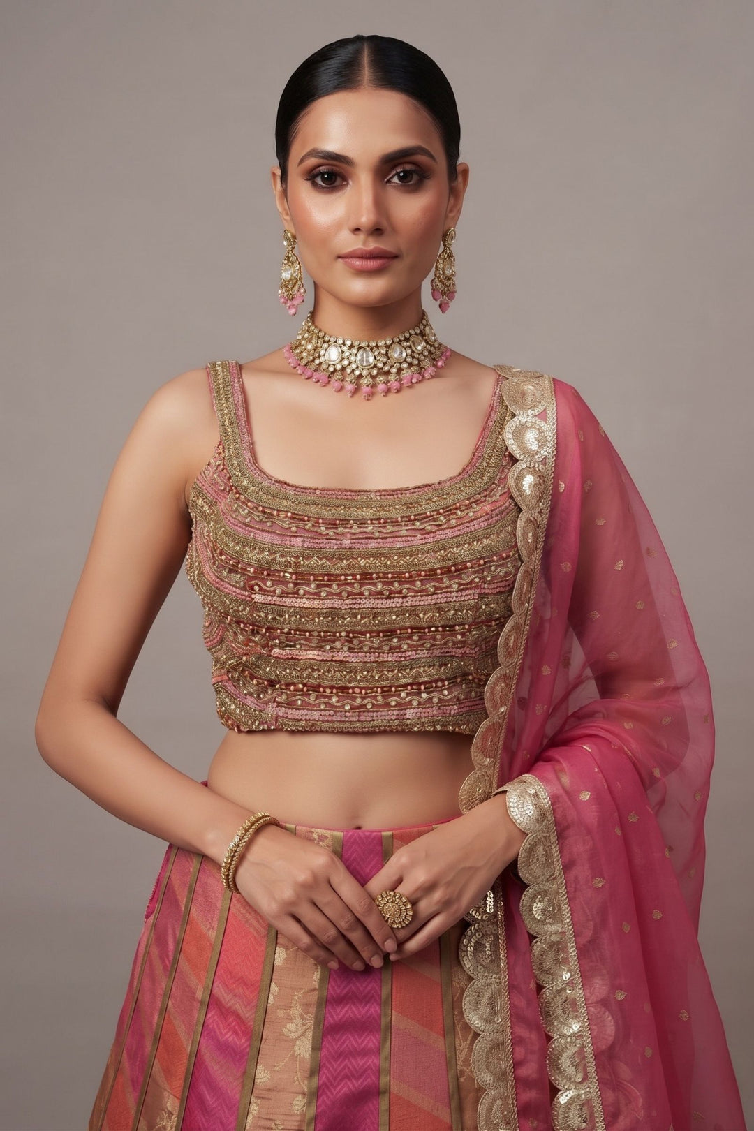 Pink Brocade, Beads, Sequins, Zardozi, Zari and Stone work with Multicolor Lehenga Set