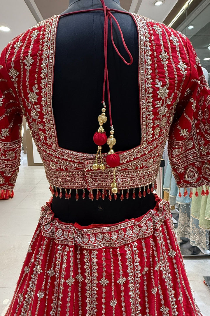 Red Beads, Zari, Zardozi, Thread and Sequins work Crop Top Designer Bridal Lehenga