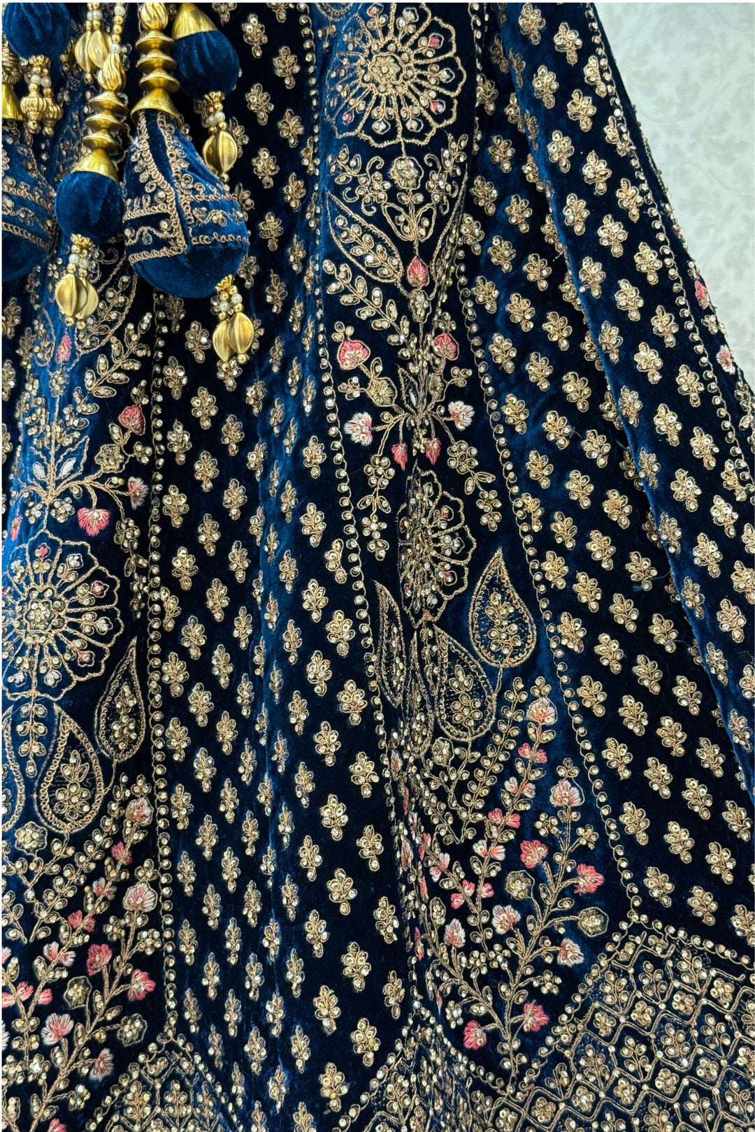 Peacock Blue Zardozi, Beads and Embroidery work Crop Top Designer Bridal Lehenga