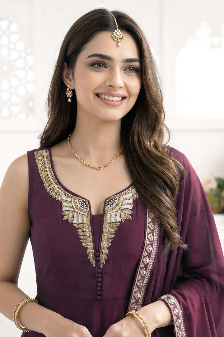 Wine Brocade, Beads and Zardozi work Anarkali Style Salwar Suit with Palazzo Pant