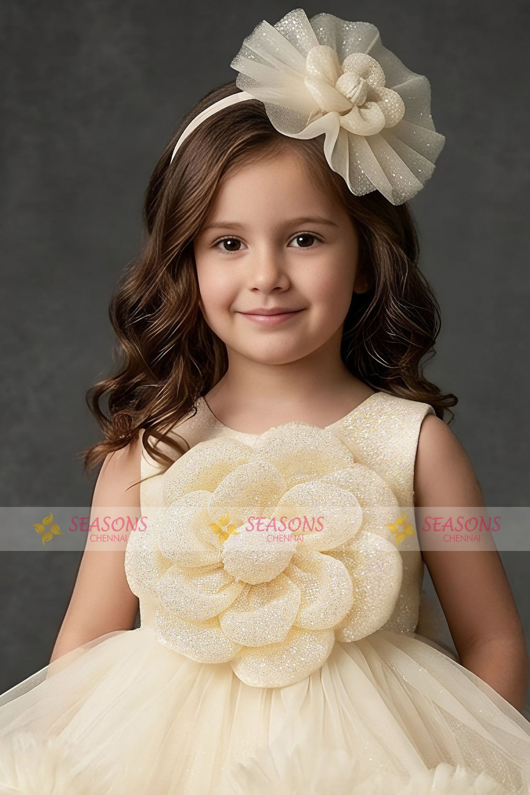 Light Yellow Glitter work Tail Cut Double Layered Partywear Frock for Girls