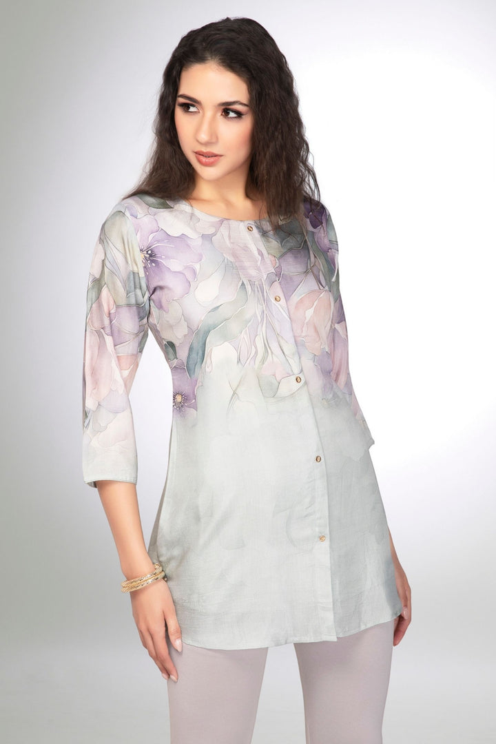 Light Pista Green with Floral Print Short Kurti