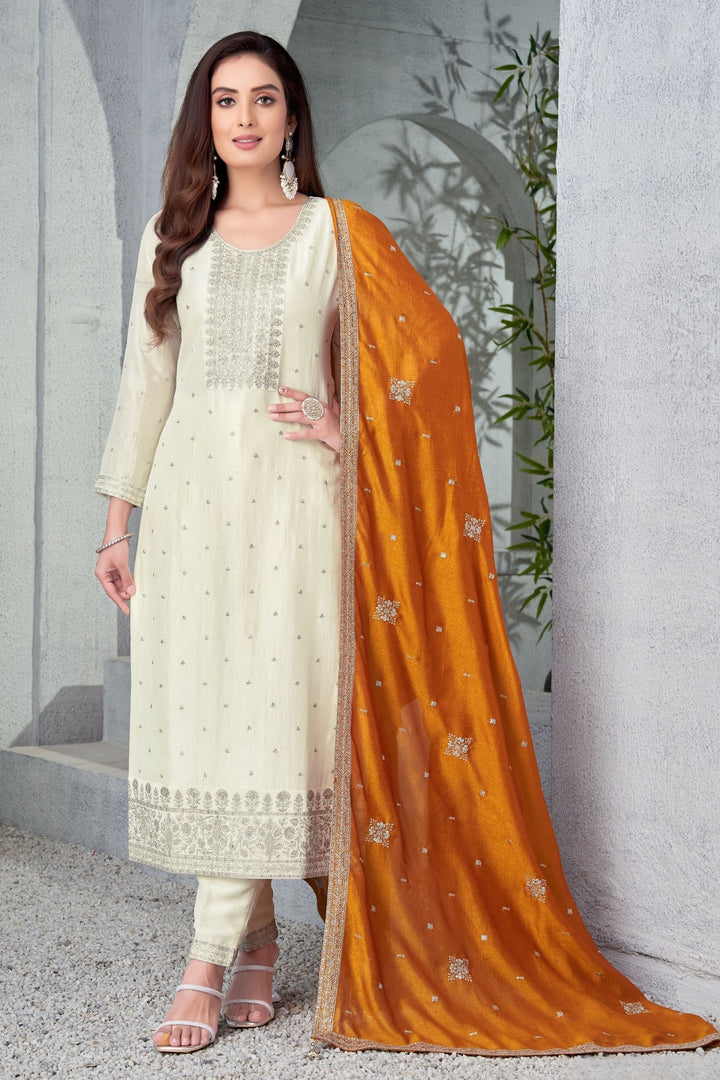 Cream Silver Zari and Sequins work Straight Cut Salwar Suit