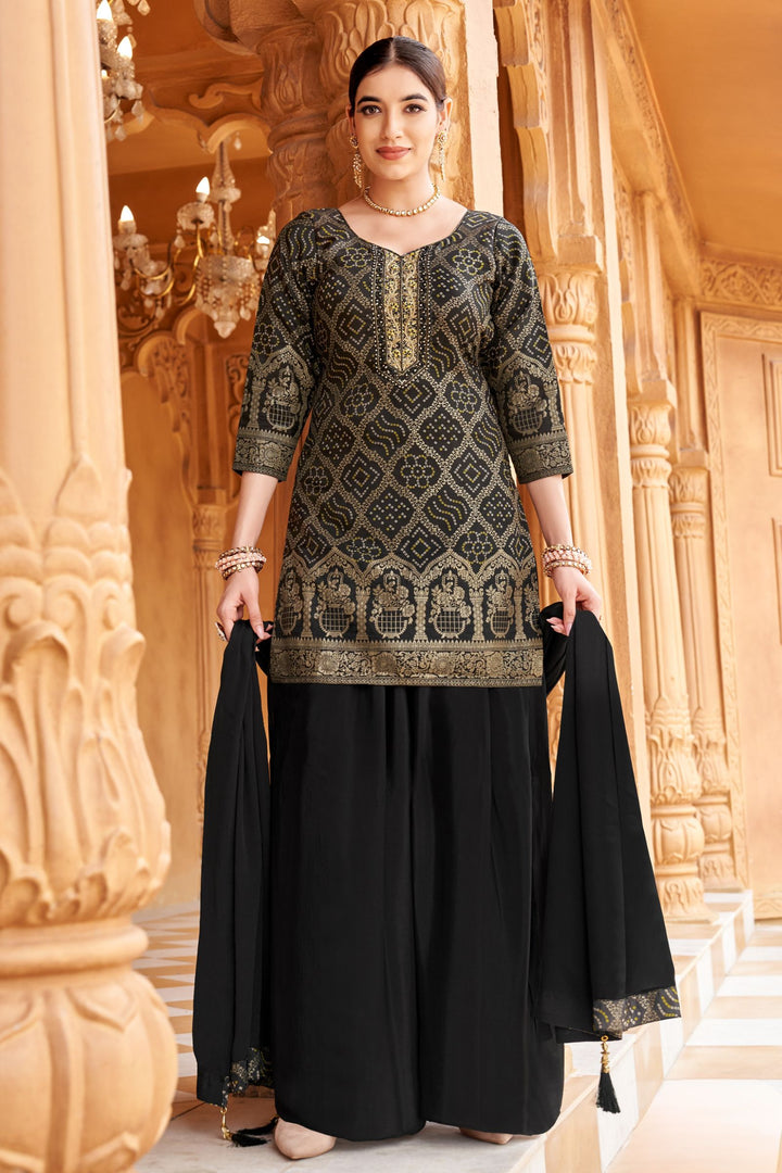 Black Stone, Beads, Zardozi and Sequins work with Bandini Print Palazzo Salwar Suit