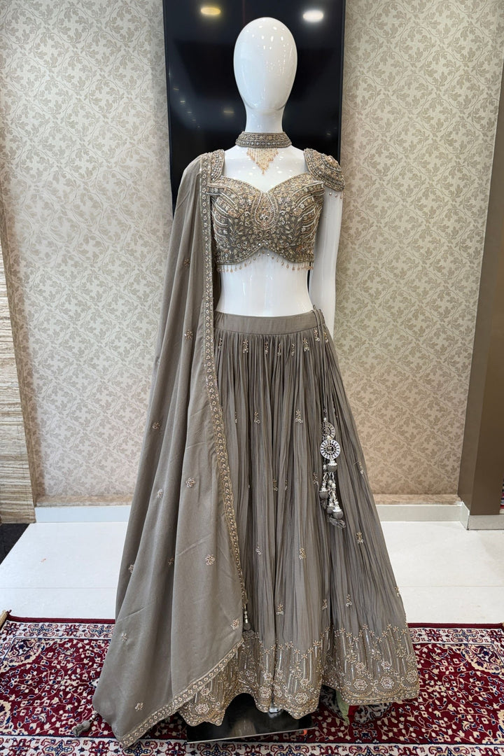 Designer Grey Lehenga with Intricate Beads, Zardozi, Mirror, Kundan and Sequins work