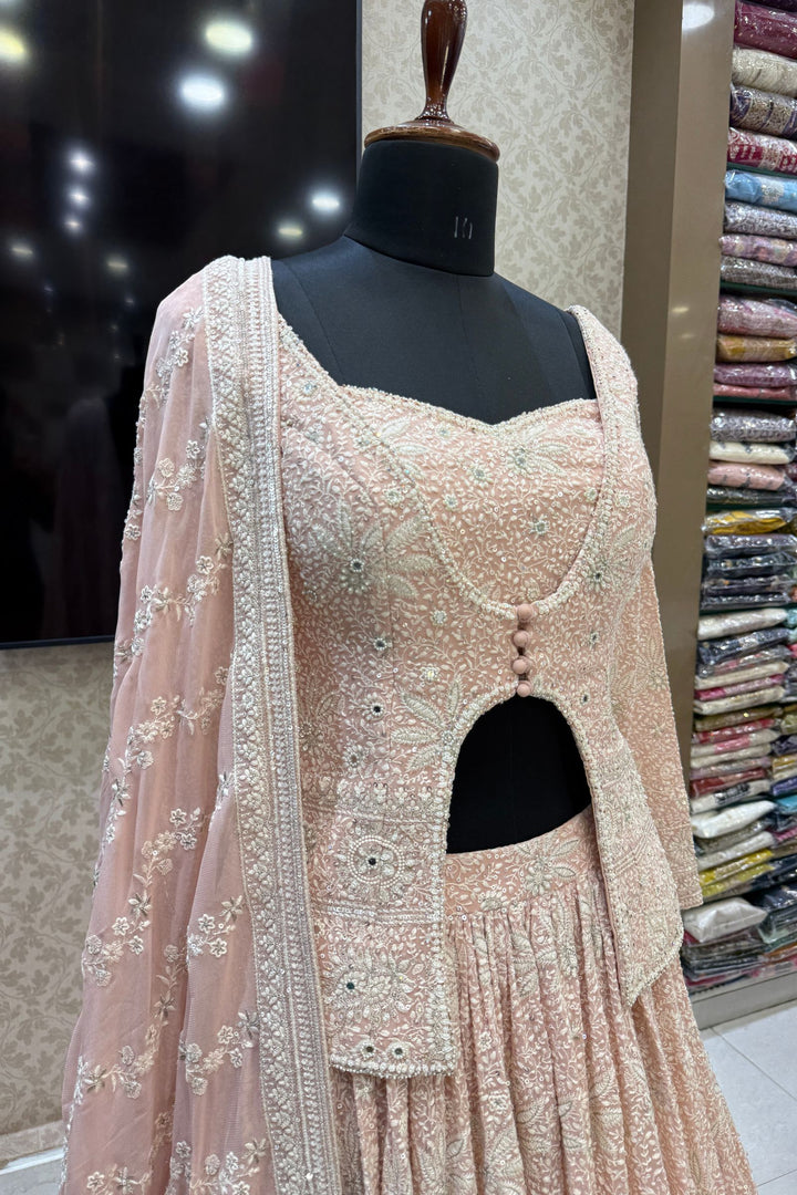 Peach Lucknowi, Sequins, Mirror, Beads and Zari work Crop Top Lehenga