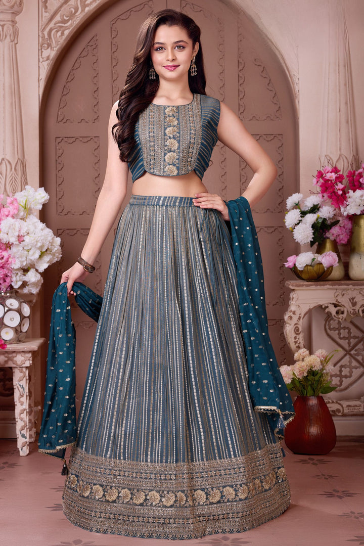 Peacock Blue Sequins, Beads, Zari and Thread work Lehenga Choli for Girls