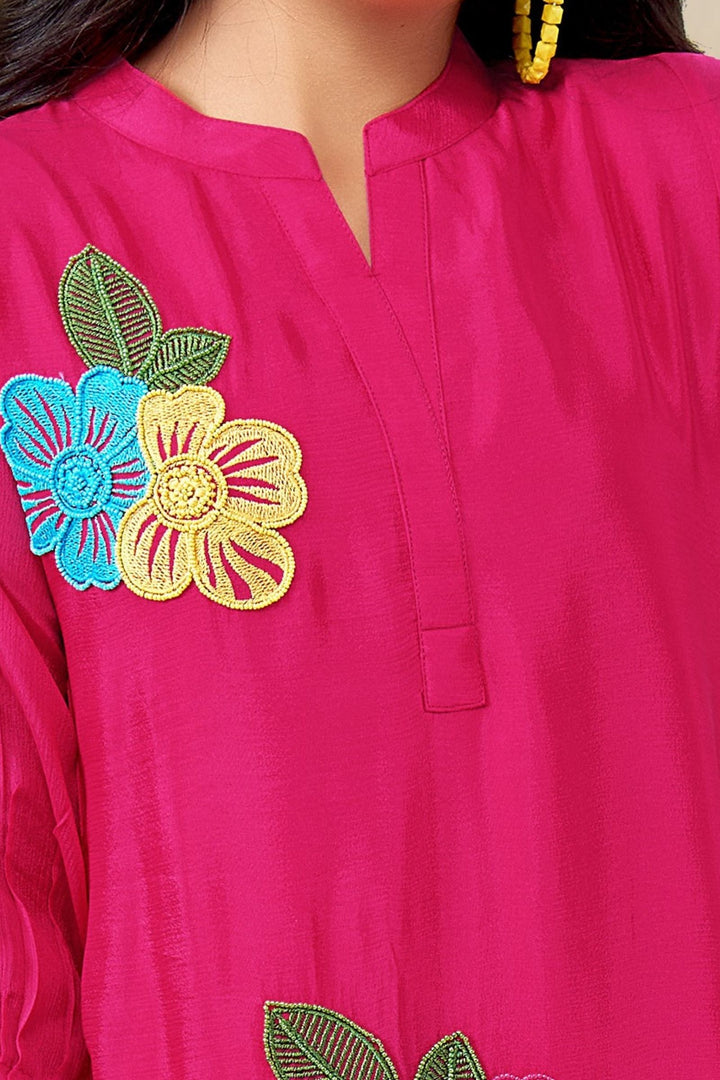 Rani Pink Multicolor Embroidery and Beads work Casual Kurti for Girls