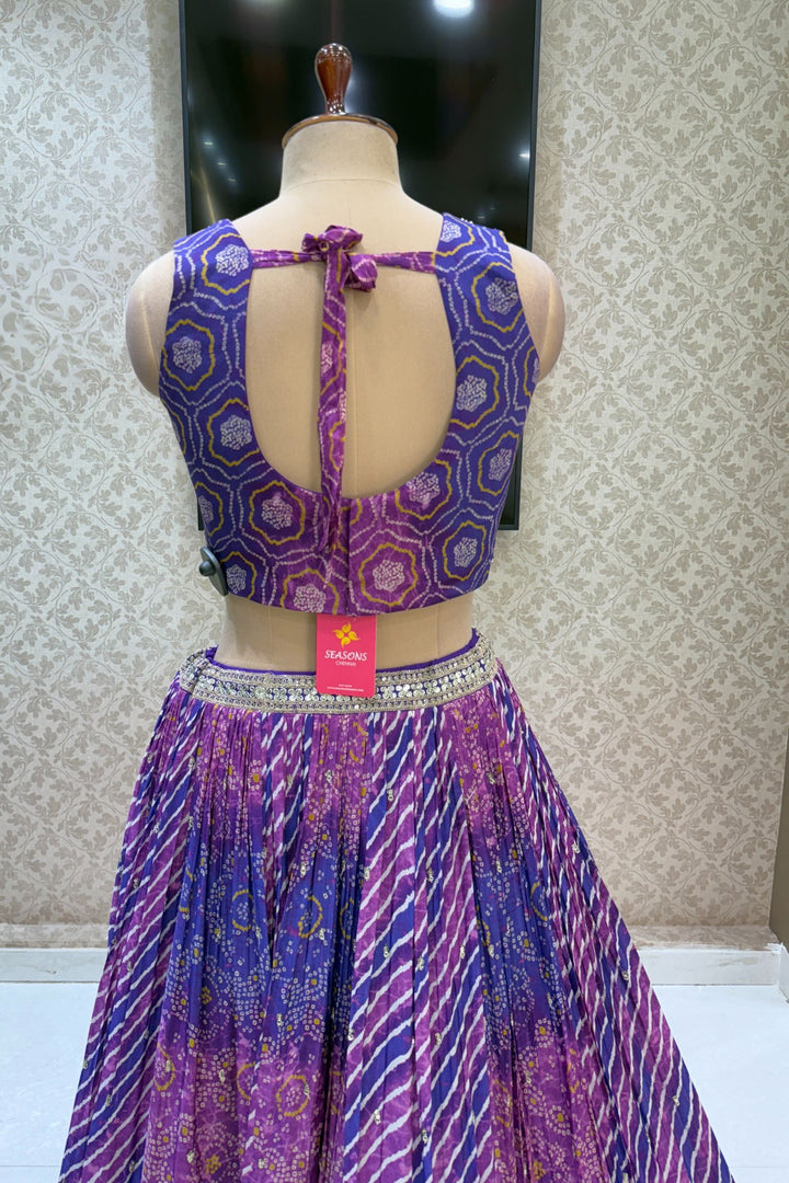 Purple Zari, Sequins and Beads work with Bandini and Leheriya Print Crop Top Lehenga