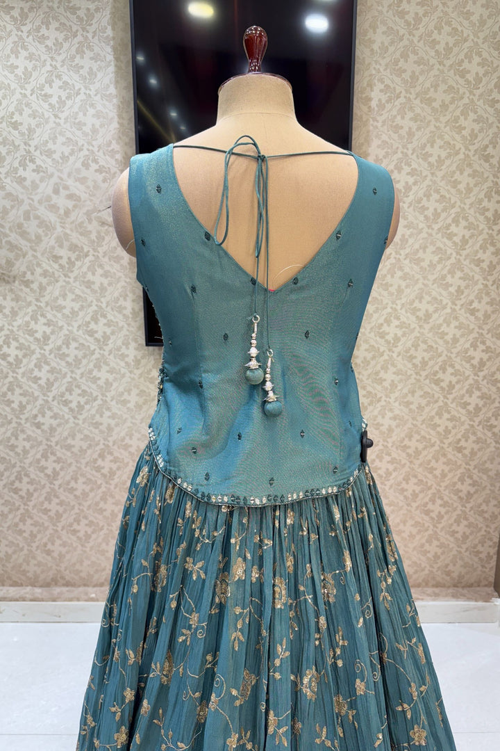 Teal Green Mirror, Zardozi, Sequins, Beads, Stone and Banaras work Peplum Style Lehenga