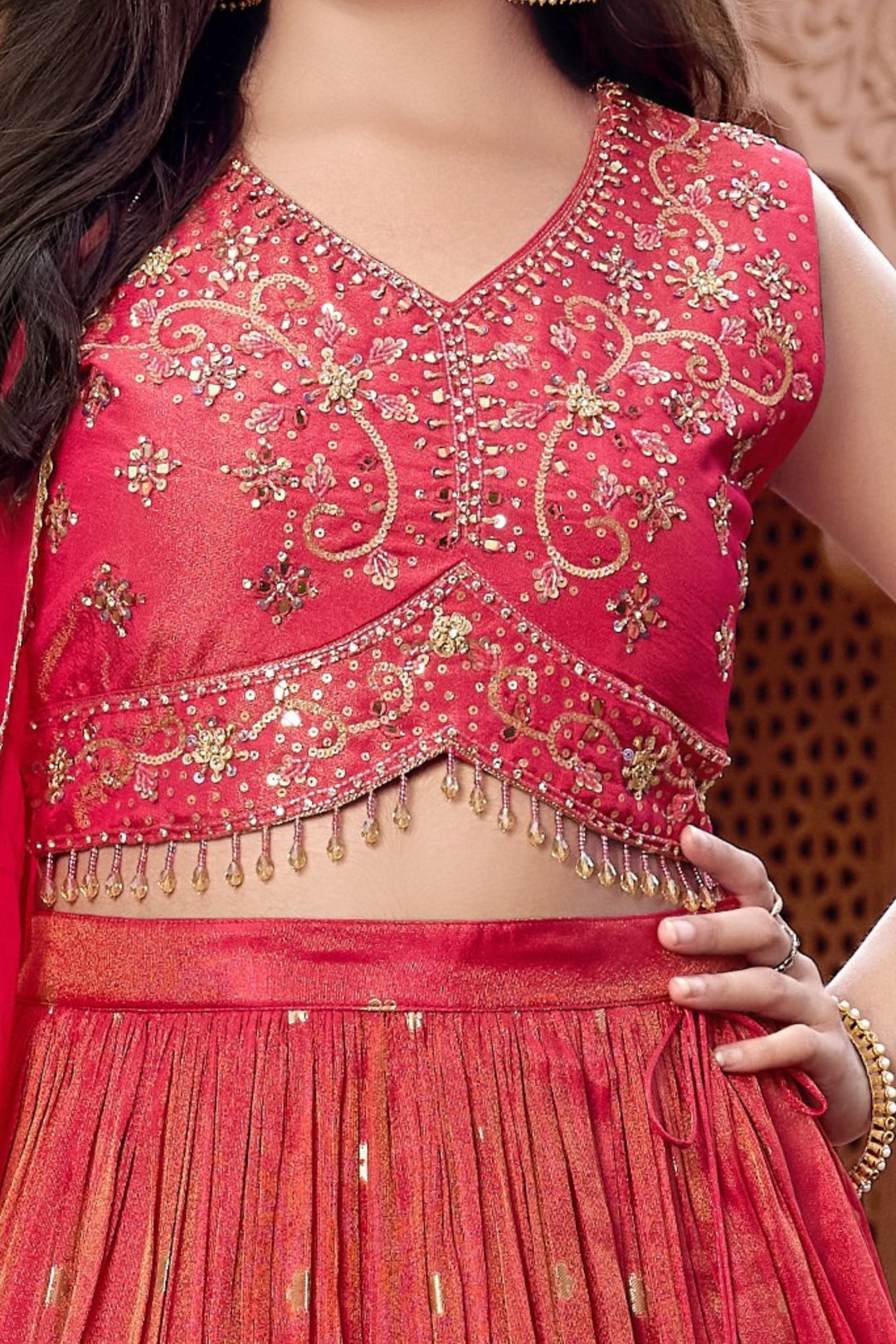 Tomato Red Stone, Mirror, Sequins, Beads and Banaras Zari work Lehenga Choli for Girls