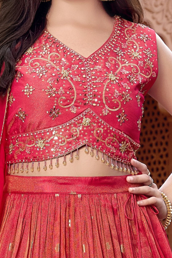 Tomato Red Stone, Mirror, Sequins, Beads and Banaras Zari work Lehenga Choli for Girls