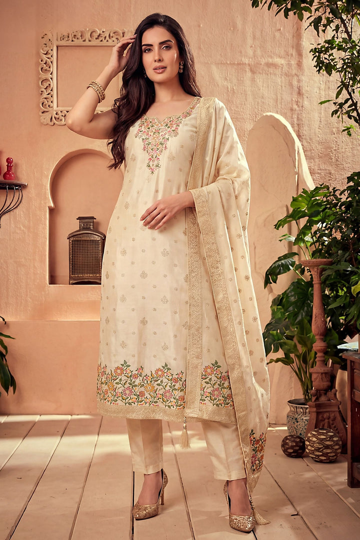 Cream Multicolor Thread, Beads, Zardozi and Banaras Butta work Straight Cut Salwar Suit