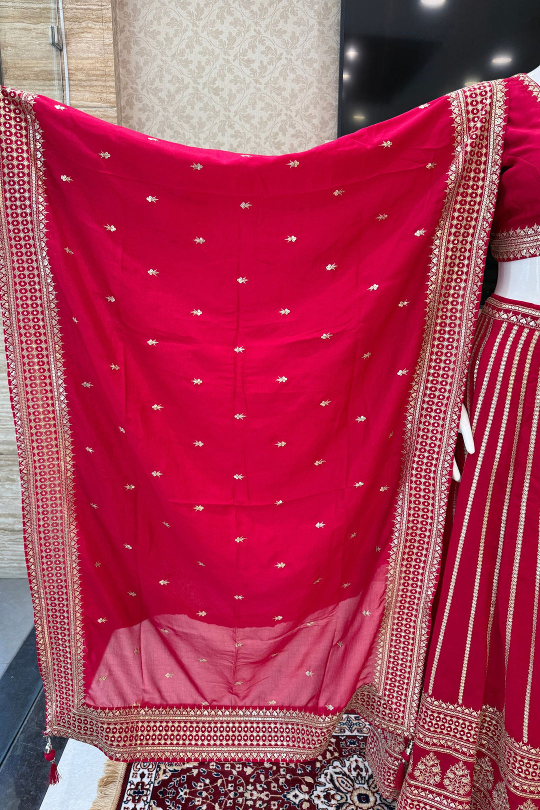 Rani Pink Sequins and Zari work Crop Top Lehenga