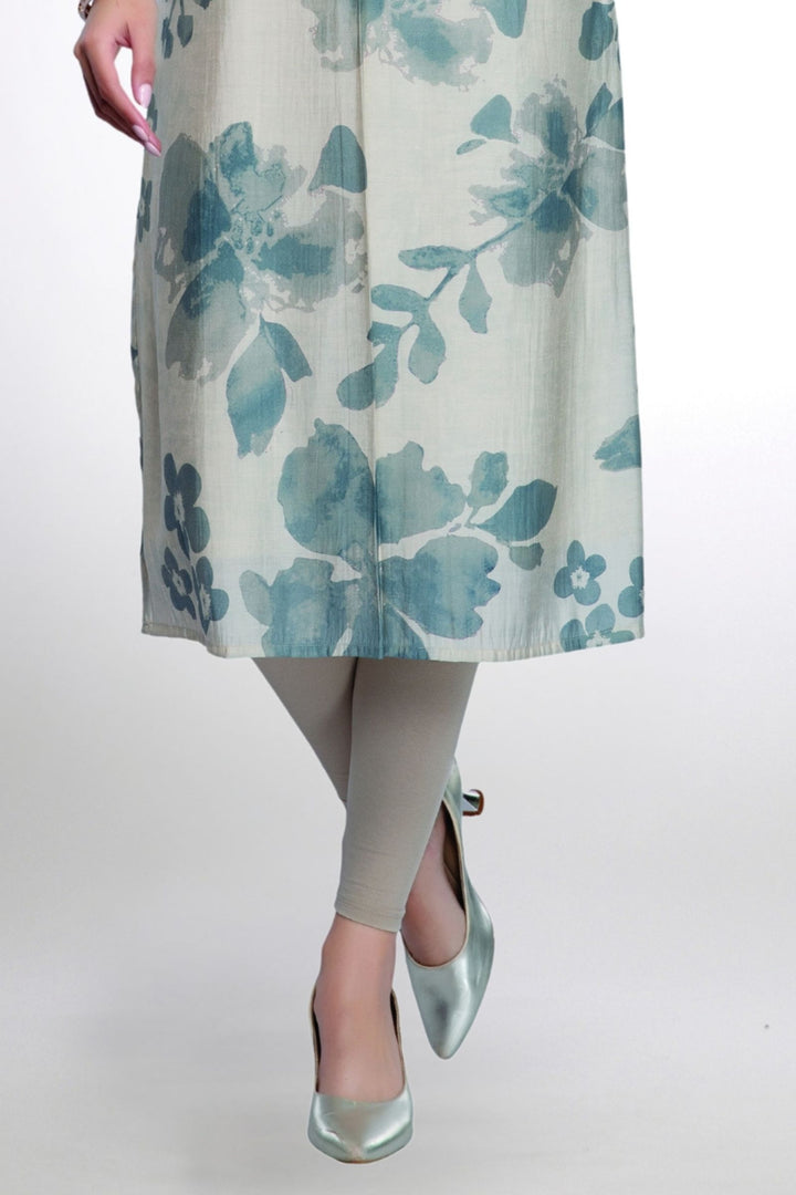 Beige with Digital Print Calf Length Kurti