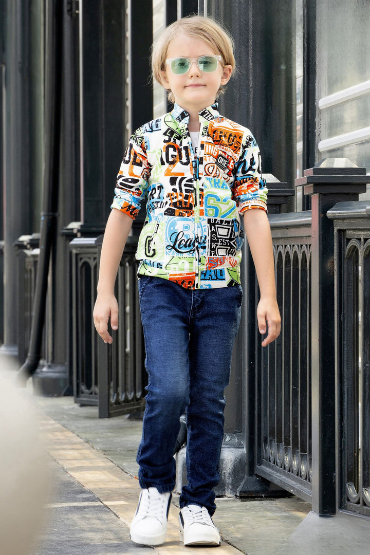 White with Multicolor Printed Blazer, T-Shirt and Blue Pant Set for Boys with Belt