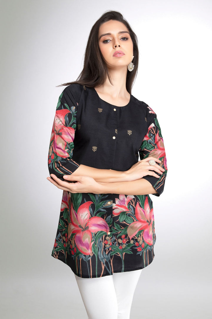 Black Floral Print Short Kurti