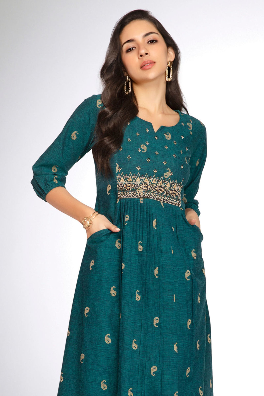 Peacock Blue Embroidery and Mirror work A-Line Cut Calf Length Kurti