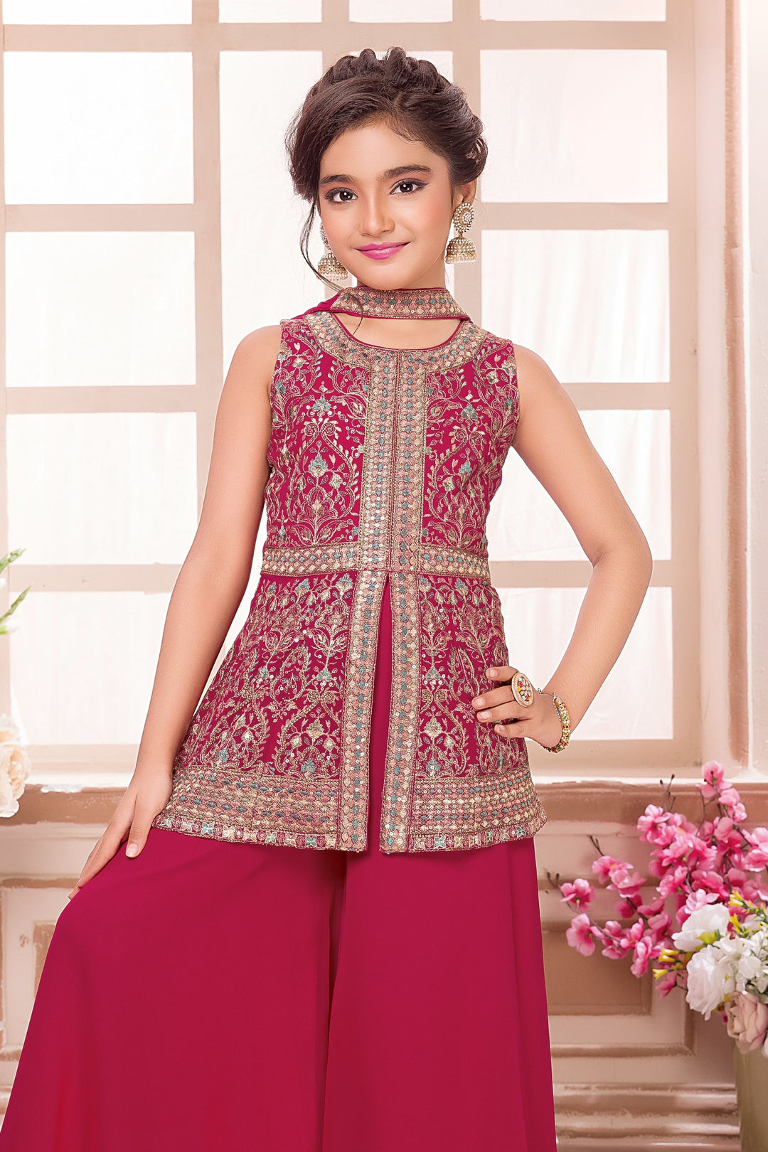 Rani Pink Sequins, Stone and Multicolor Thread work Palazzo Suit Set for Girls