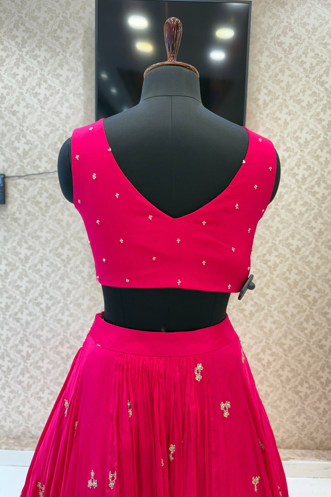 Rani Pink Sequins, Beads, Mirror, Zardozi and Zari work Crop Top Lehenga
