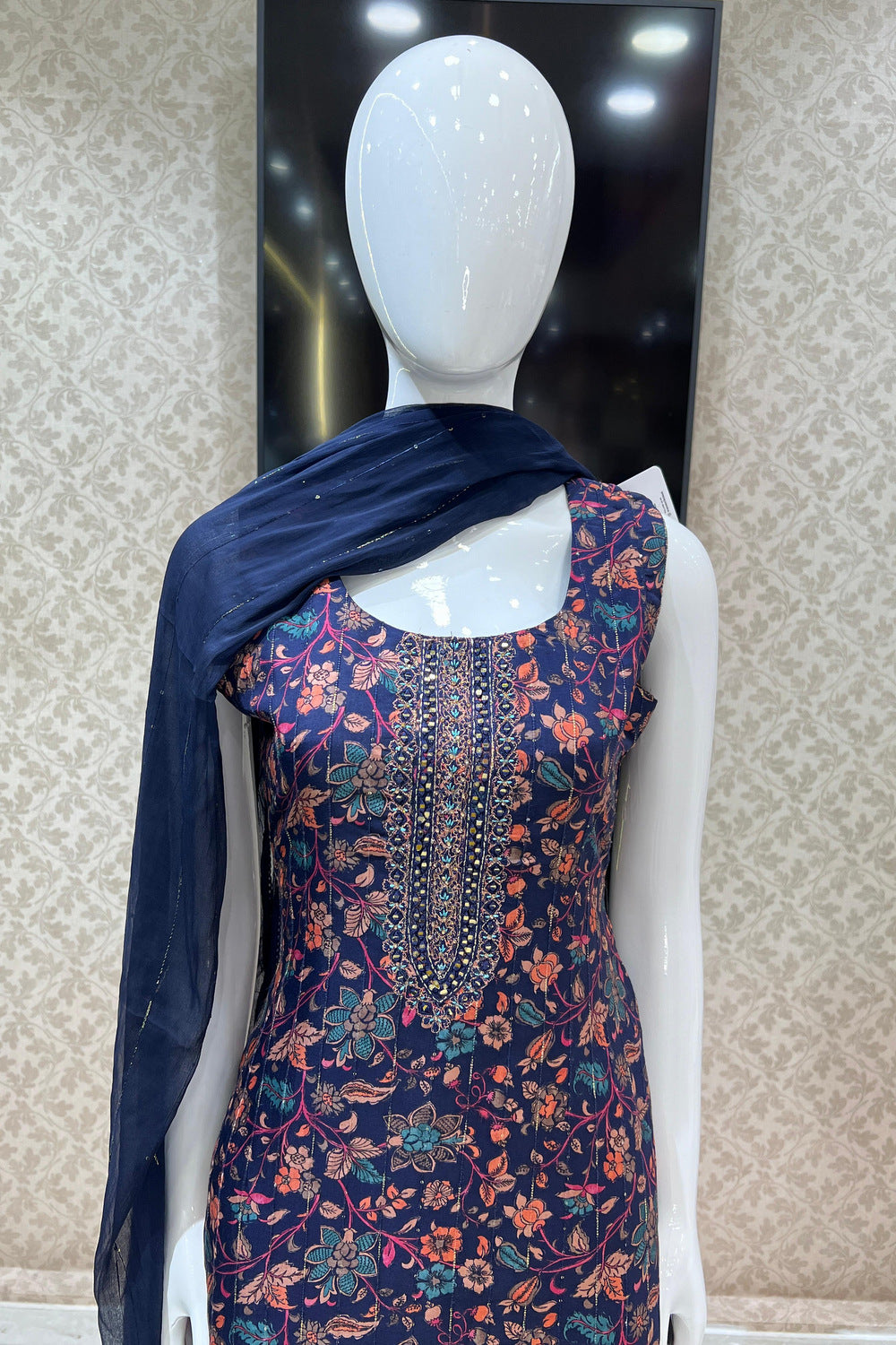 Navy Blue Stone, Mirror, Thread and Zari work with Digital Print Straight Cut Salwar Suit