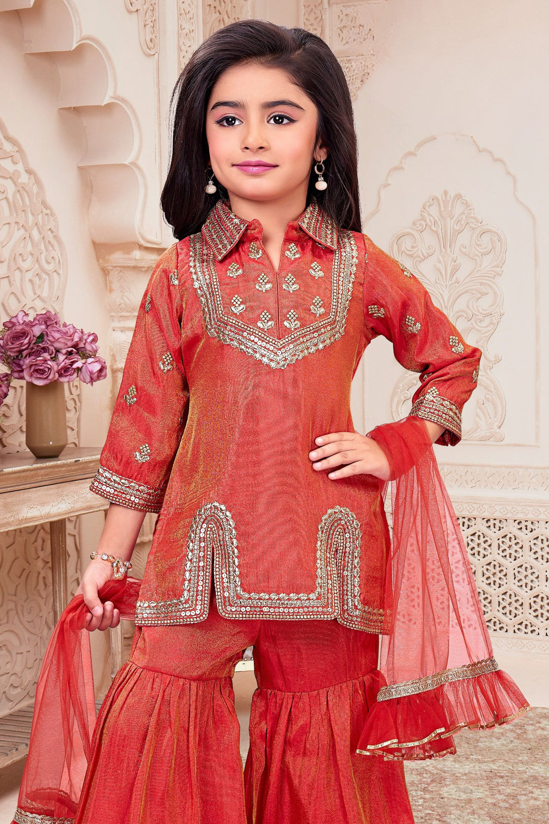 Orange Zari and Sequins work Sharara Suit Set for Girls