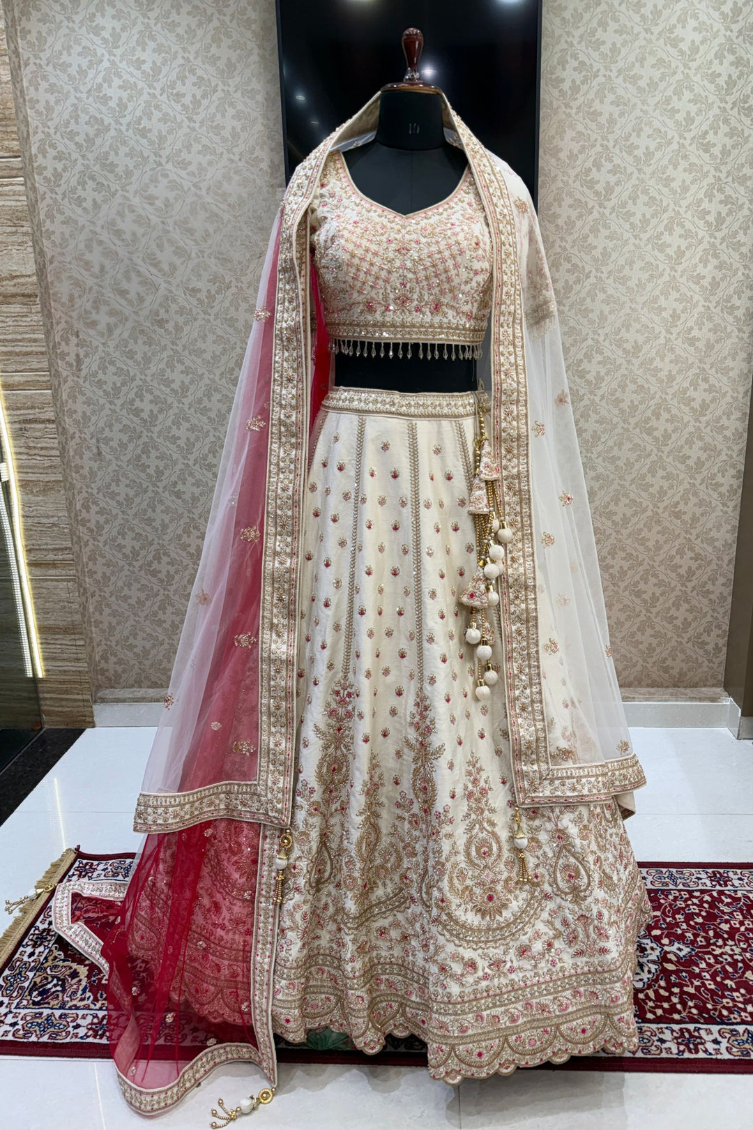 Designer Wedding Lehenga in Cream with Beads, Zari, Sequins and Thread Work