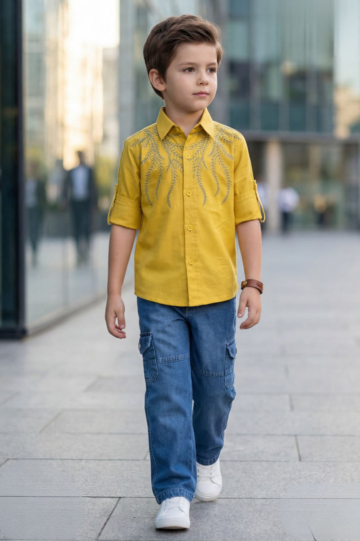 Yellow Thread work Shirt and Blue Pant Set for Boys
