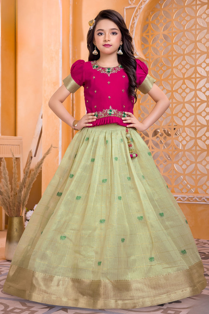 Rani Pink with Pista Green Zardozi, Stone, Beads and Banaras Zari work Lehenga Choli for Girls